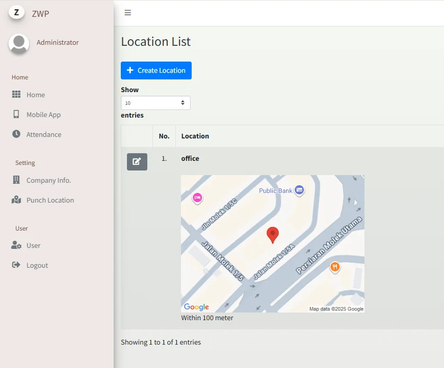 Location list within the actual attendance system, showing an office punch location on a map