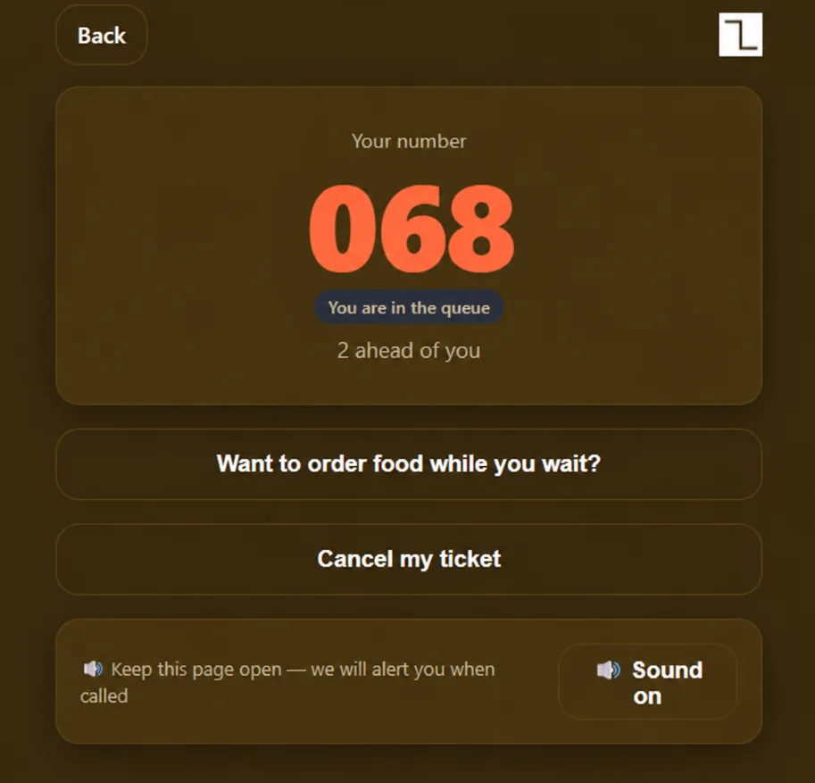 Actual Zerokue customer ticket displaying queue number 068 and two people ahead